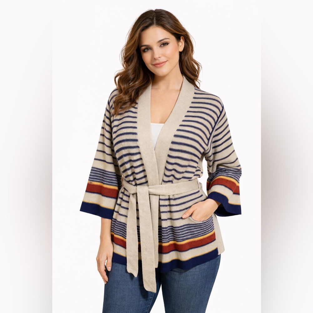 Vintage 70s Kimlon Striped Bell Sleeve Sweater | Boho Retro Cardigan